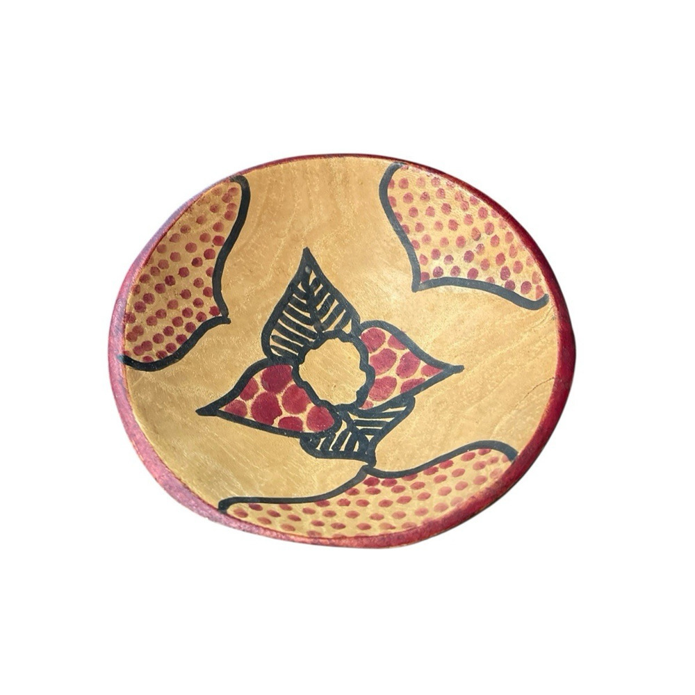 Vintage Wood Moroccan Bowl Hand Carved Red Black Painted Geometric Pattern